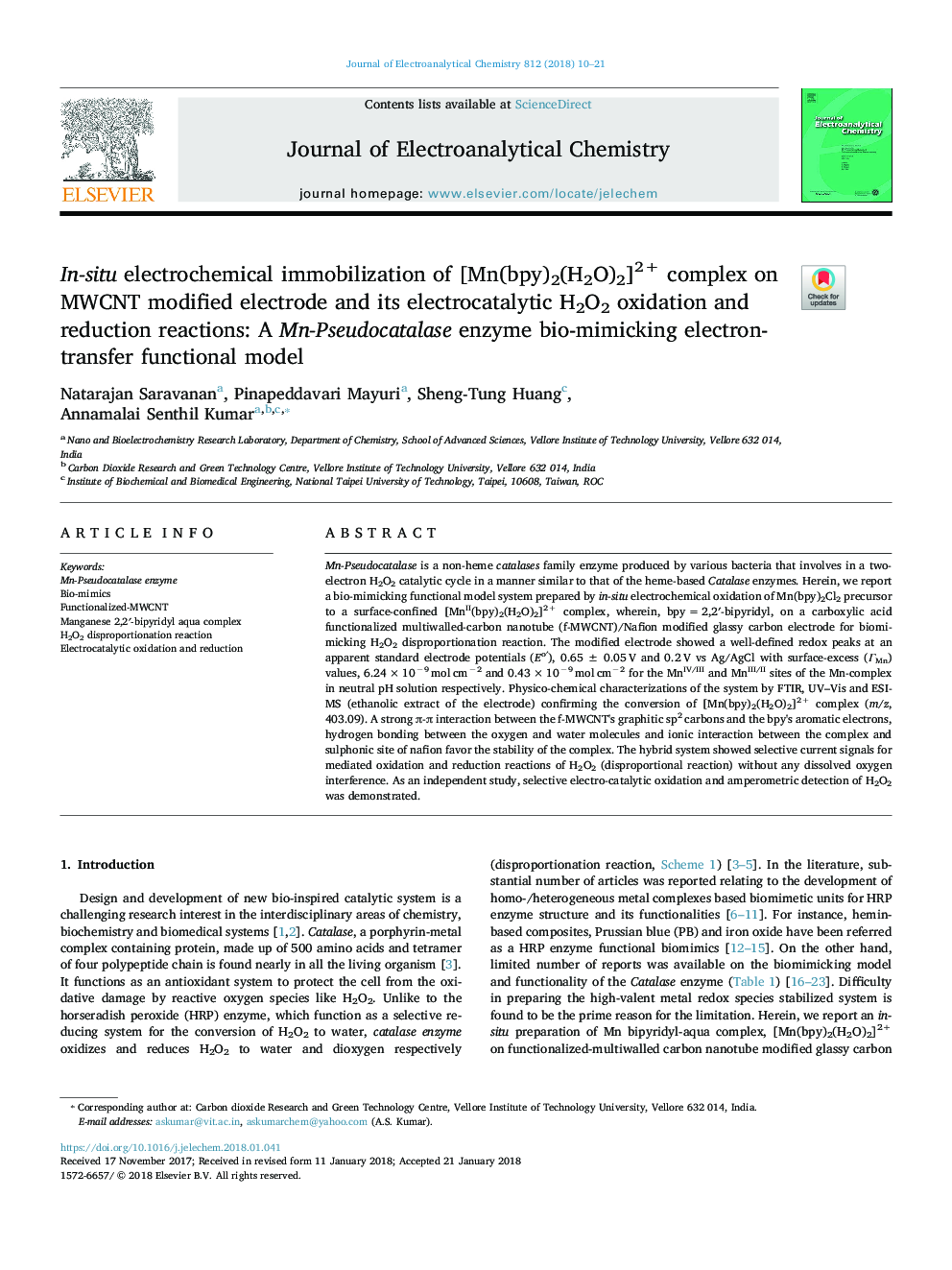 In-situ electrochemical immobilization of [Mn(bpy)2(H2O)2]2+ complex on MWCNT modified electrode and its electrocatalytic H2O2 oxidation and reduction reactions: A Mn-Pseudocatalase enzyme bio-mimicking electron-transfer functional model