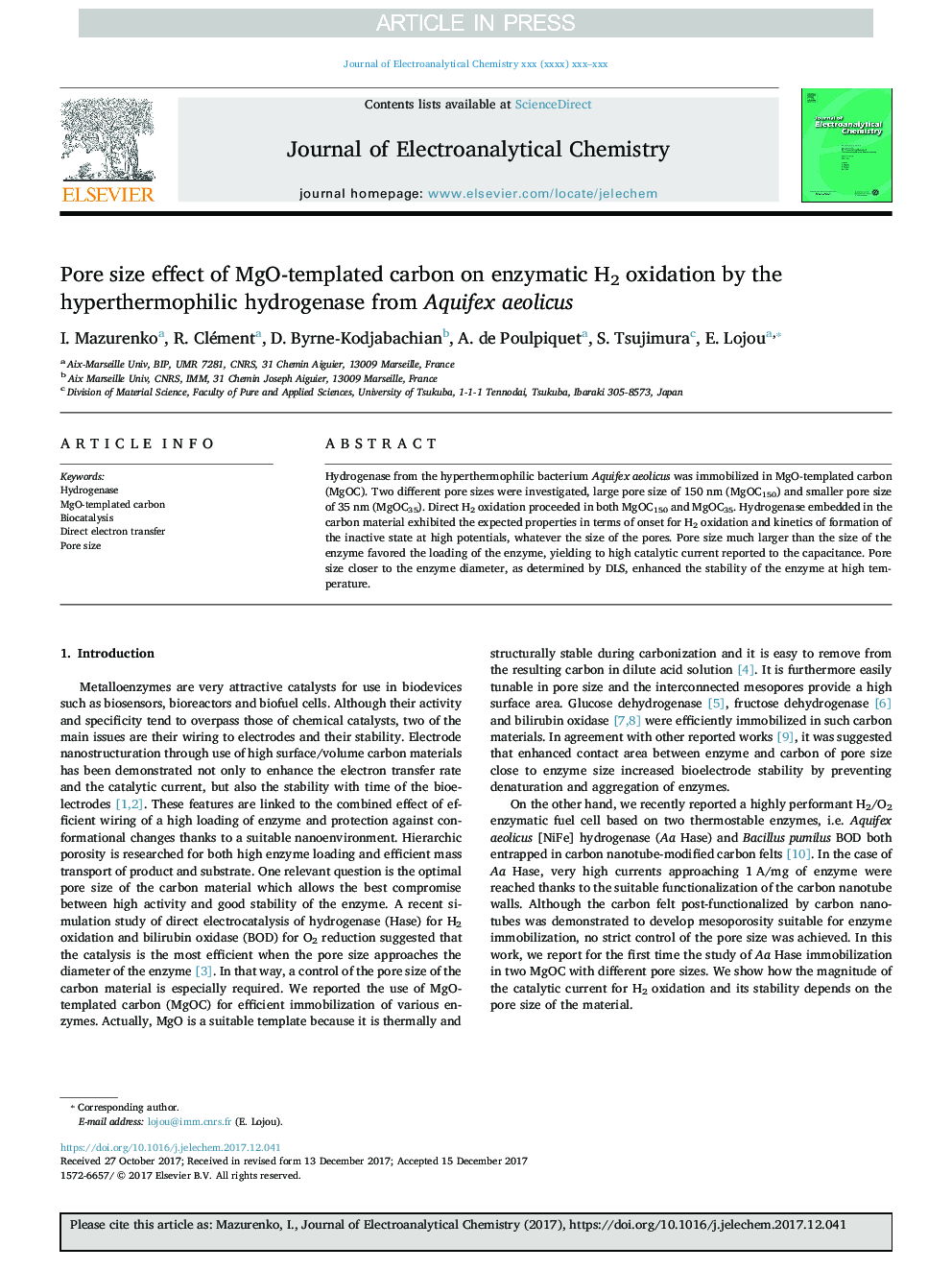 Pore size effect of MgO-templated carbon on enzymatic H2 oxidation by the hyperthermophilic hydrogenase from Aquifex aeolicus