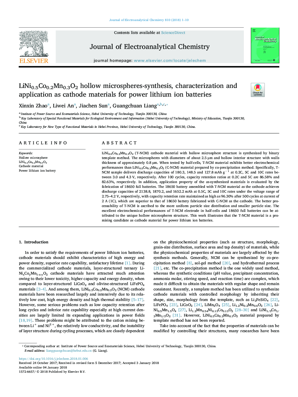 LiNi0.5Co0.2Mn0.3O2 hollow microspheres-synthesis, characterization and application as cathode materials for power lithium ion batteries