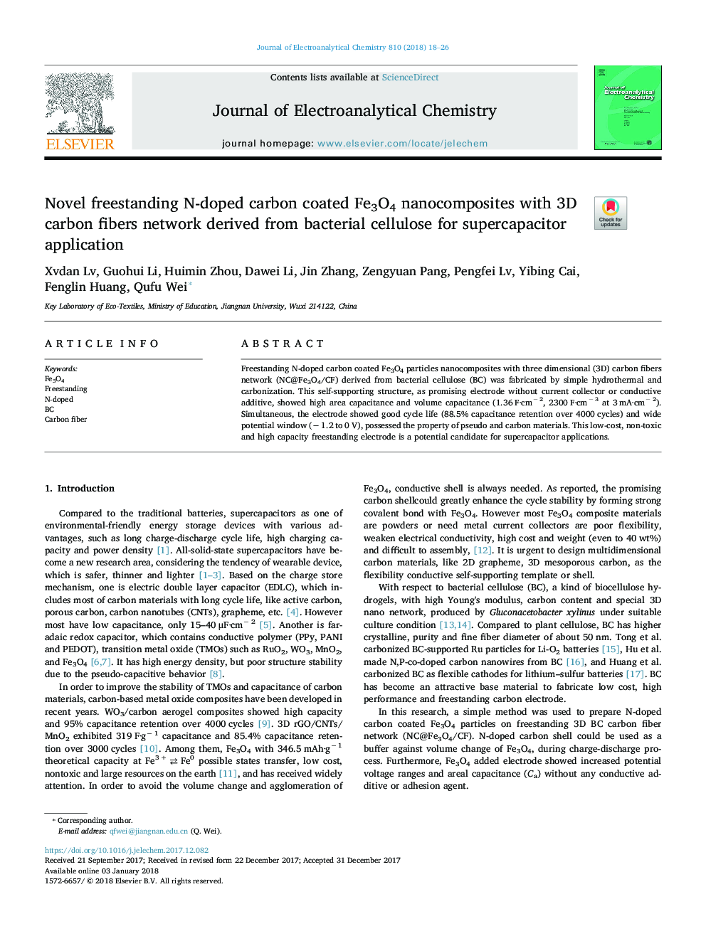 Novel freestanding N-doped carbon coated Fe3O4 nanocomposites with 3D carbon fibers network derived from bacterial cellulose for supercapacitor application