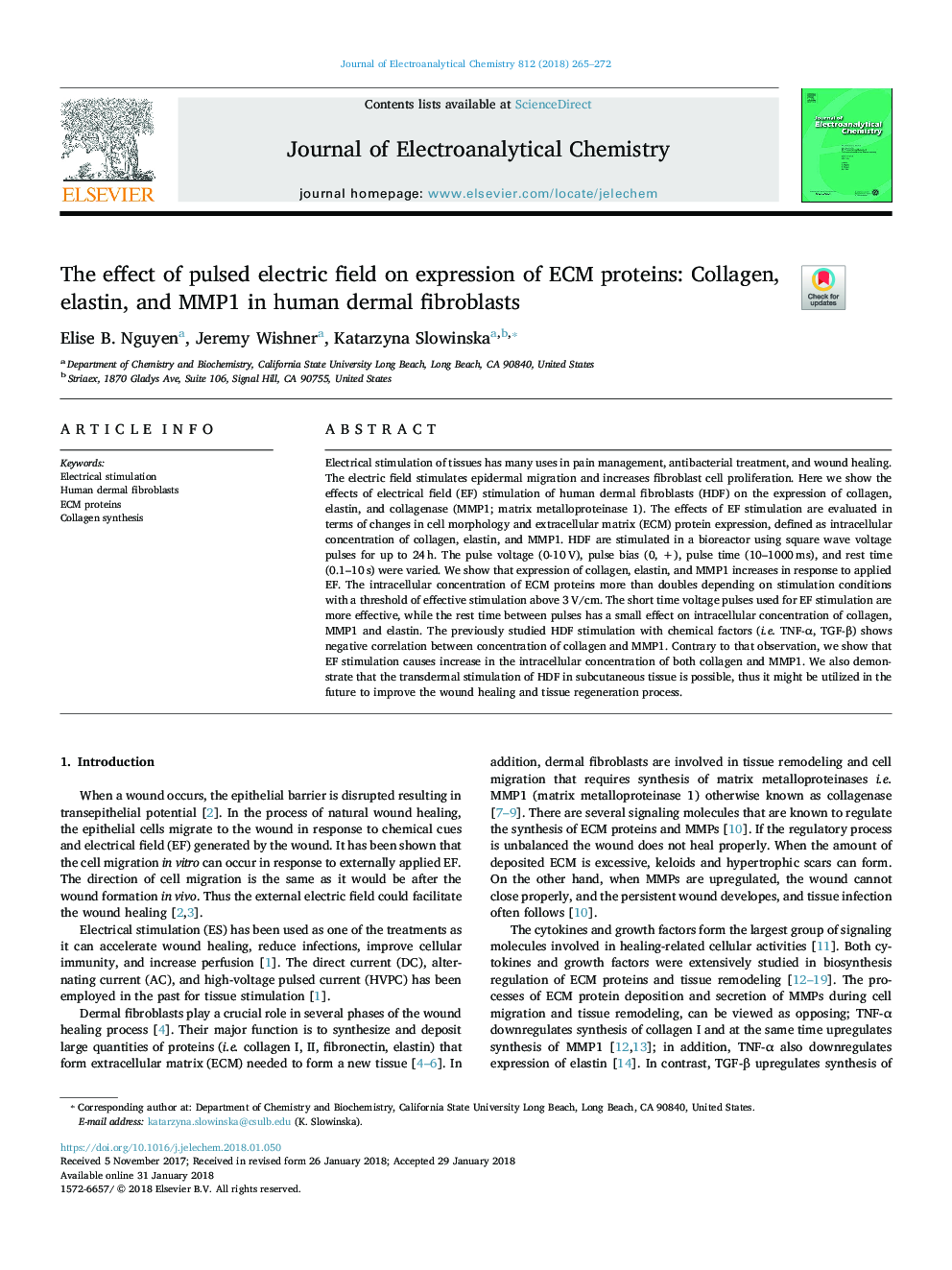 عکس صفحه اول مقاله: The effect of pulsed electric field on expression of ECM proteins: Collagen, elastin, and MMP1 in human dermal fibroblasts The effect of pulsed electric field on expression of ECM proteins: Collagen, elastin, and MMP1 in human dermal fibroblasts