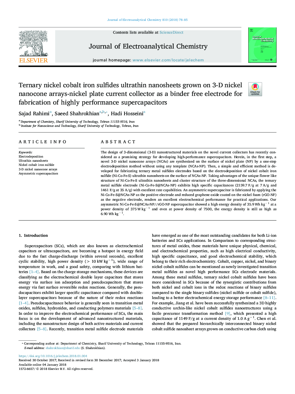 Ternary nickel cobalt iron sulfides ultrathin nanosheets grown on 3-D nickel nanocone arraysânickel plate current collector as a binder free electrode for fabrication of highly performance supercapacitors