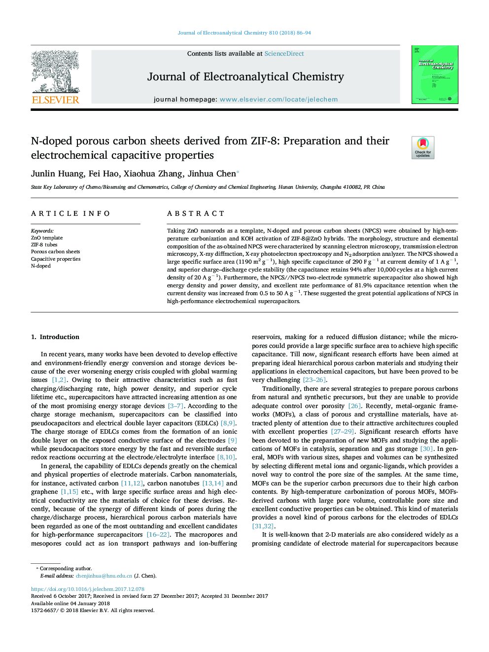 N-doped porous carbon sheets derived from ZIF-8: Preparation and their electrochemical capacitive properties