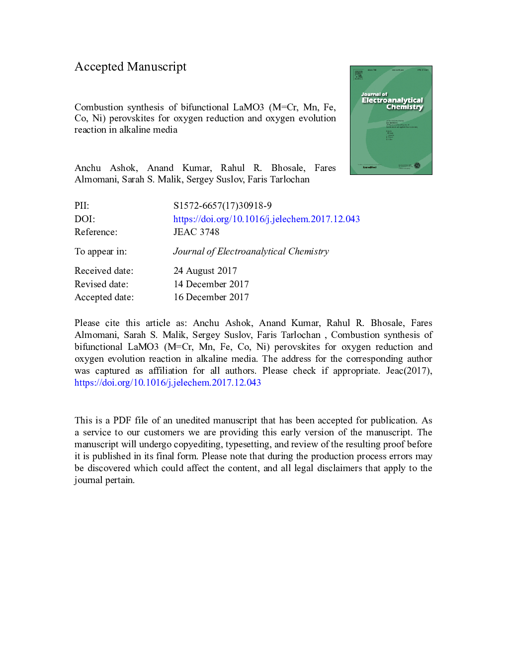 عکس صفحه اول مقاله: Combustion synthesis of bifunctional LaMO3 (MÂ =Â Cr, Mn, Fe, Co, Ni) perovskites for oxygen reduction and oxygen evolution reaction in alkaline media Combustion synthesis of bifunctional LaMO3 (MÂ =Â Cr, Mn, Fe, Co, Ni) perovskites for oxygen reduction and oxygen evolution reaction in alkaline media