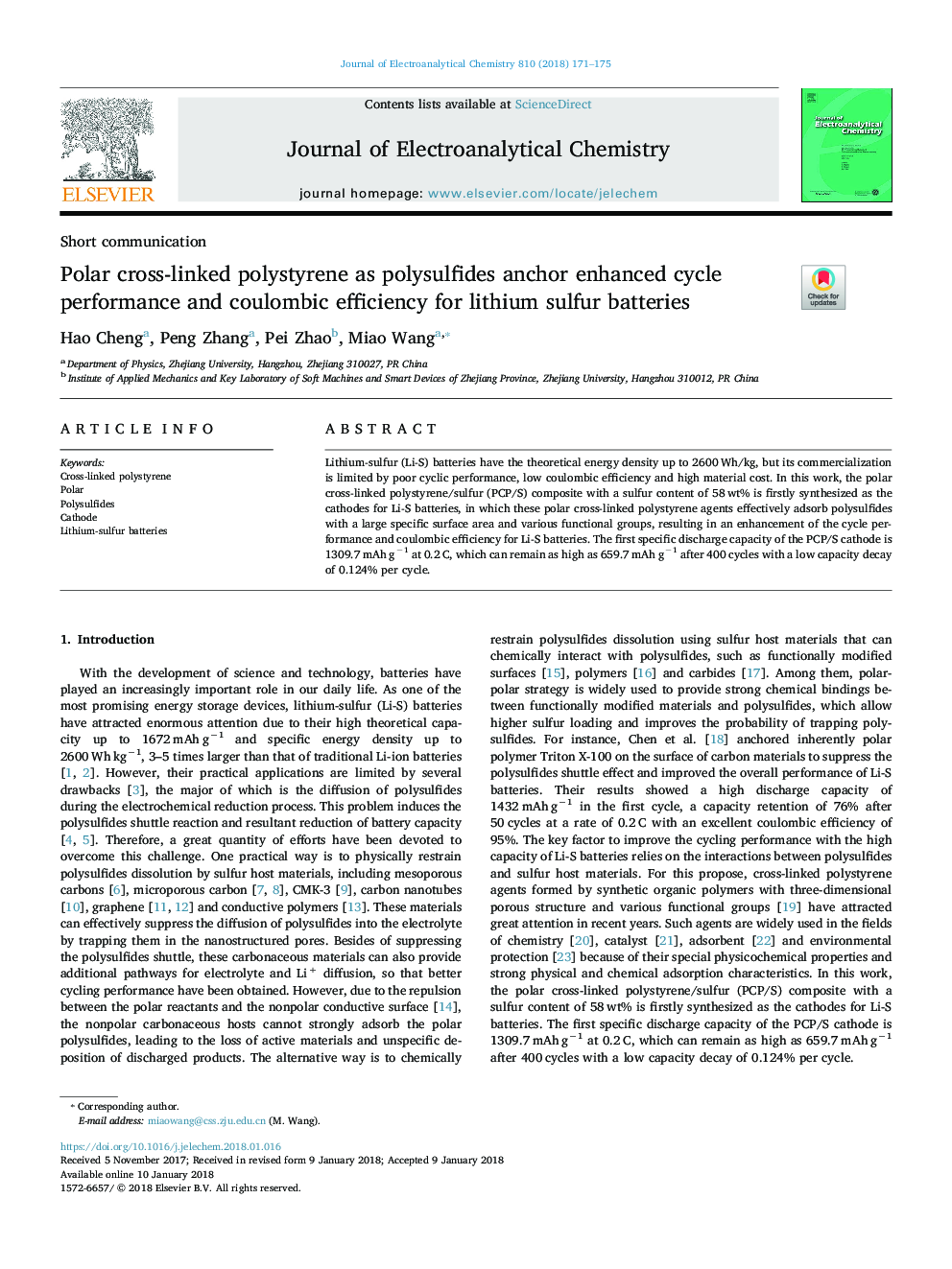 Polar cross-linked polystyrene as polysulfides anchor enhanced cycle performance and coulombic efficiency for lithium sulfur batteries