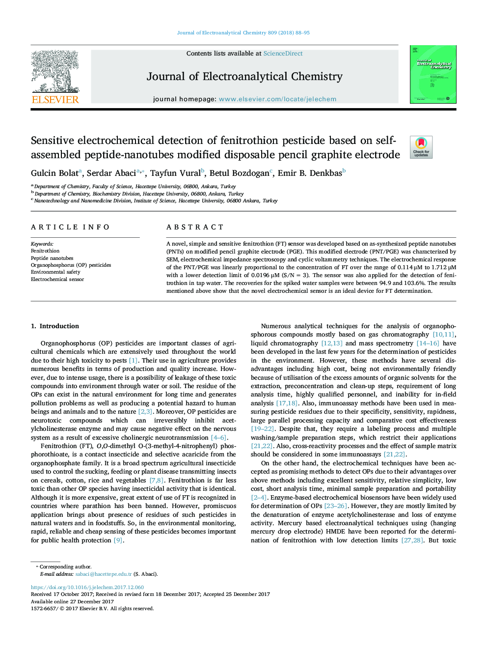 Sensitive electrochemical detection of fenitrothion pesticide based on self-assembled peptide-nanotubes modified disposable pencil graphite electrode