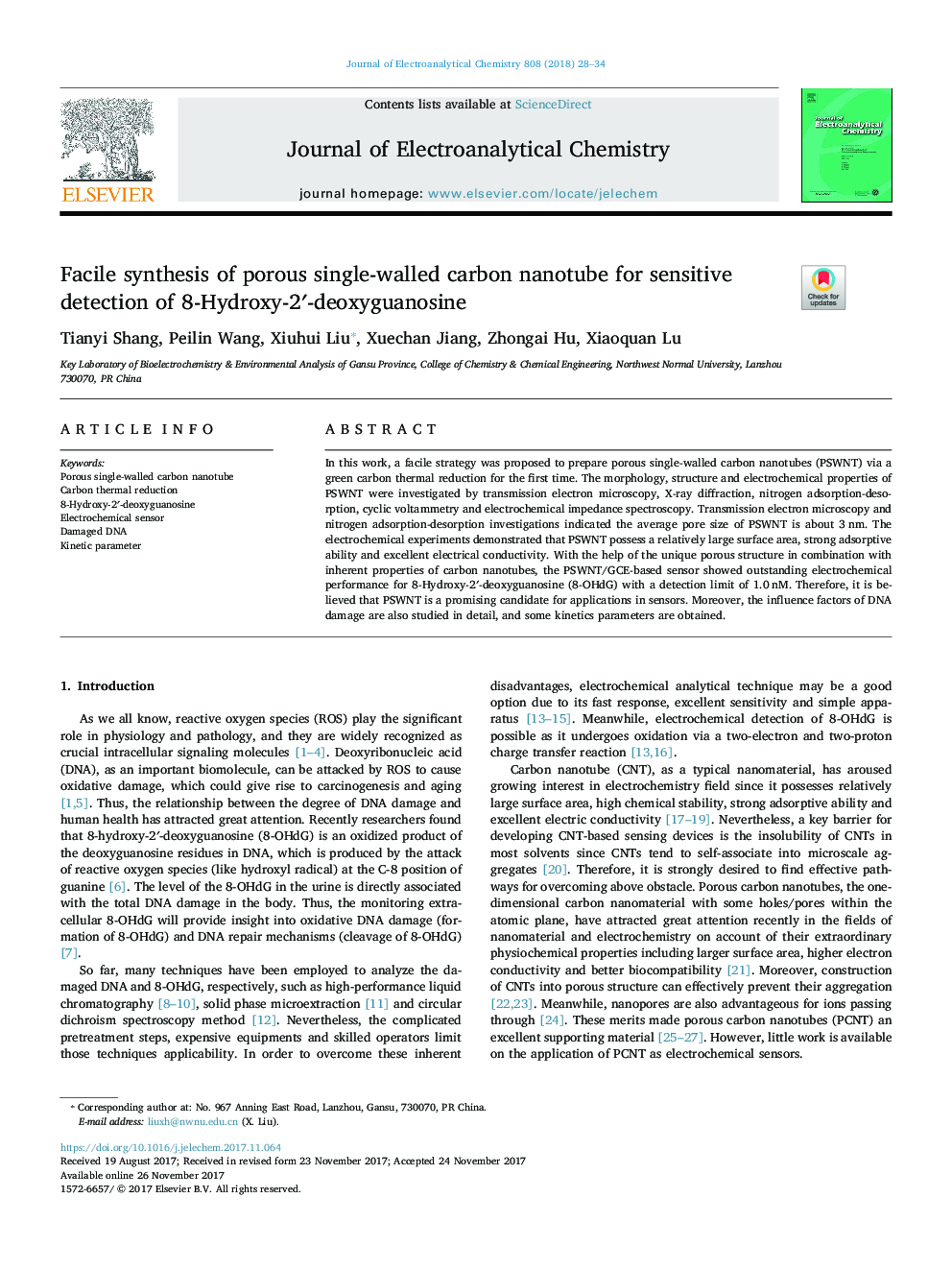 Facile synthesis of porous single-walled carbon nanotube for sensitive detection of 8-Hydroxy-2â²-deoxyguanosine