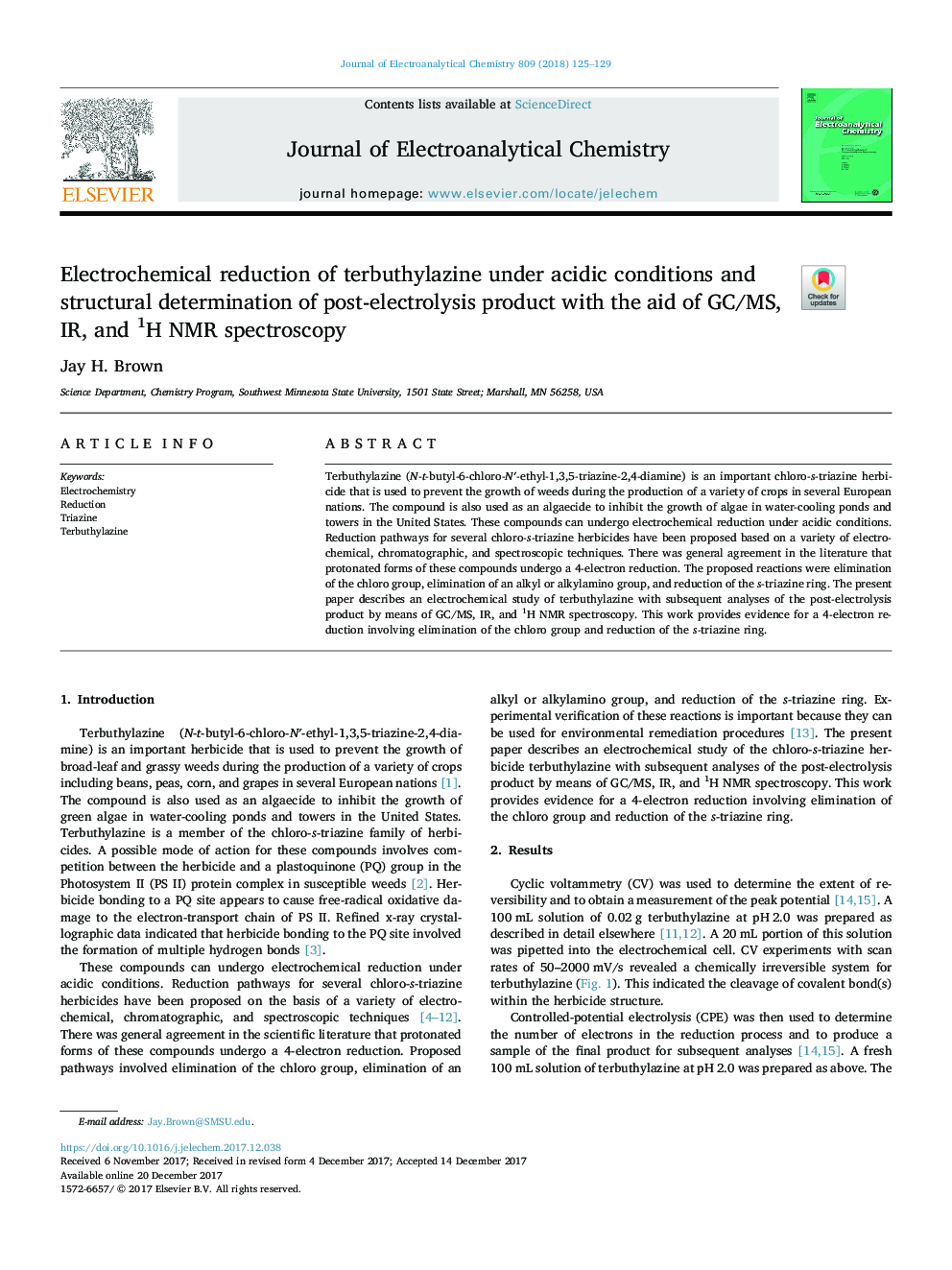 Electrochemical reduction of terbuthylazine under acidic conditions and structural determination of post-electrolysis product with the aid of GC/MS, IR, and 1H NMR spectroscopy