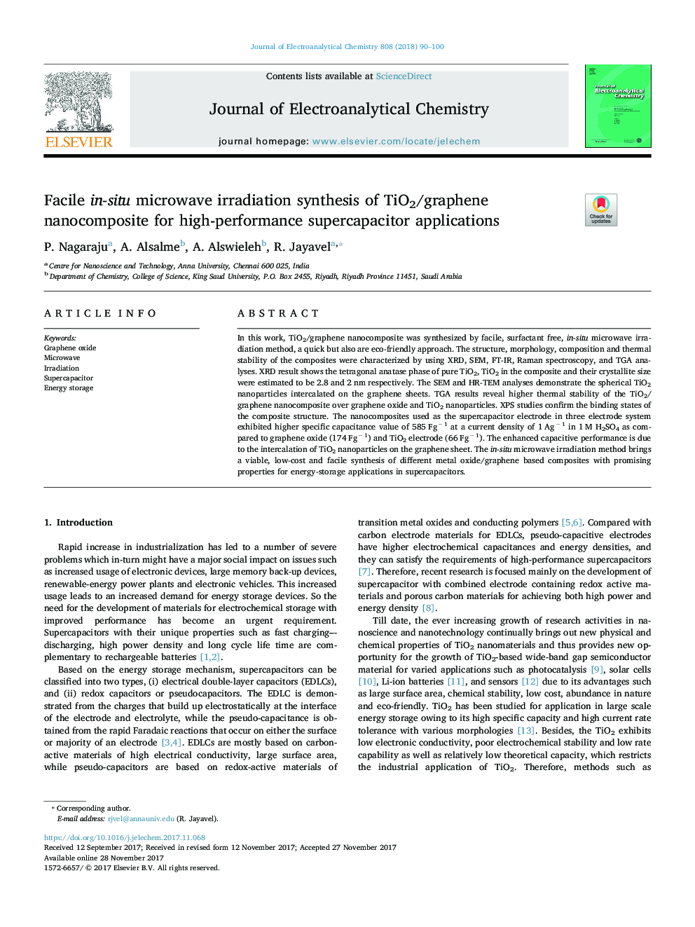 Facile in-situ microwave irradiation synthesis of TiO2/graphene nanocomposite for high-performance supercapacitor applications