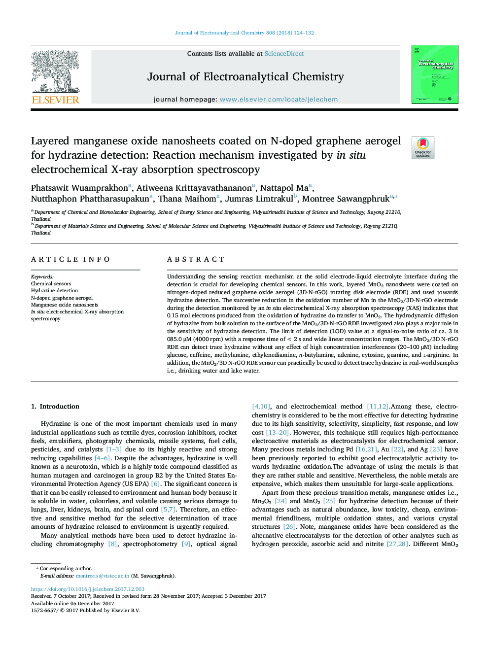 Layered manganese oxide nanosheets coated on N-doped graphene aerogel for hydrazine detection: Reaction mechanism investigated by in situ electrochemical X-ray absorption spectroscopy