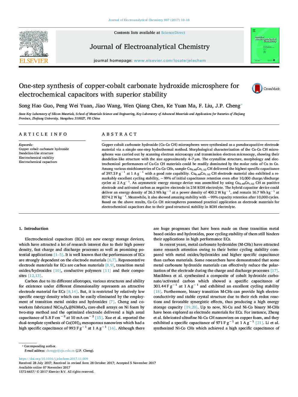 One-step synthesis of copper-cobalt carbonate hydroxide microsphere for electrochemical capacitors with superior stability