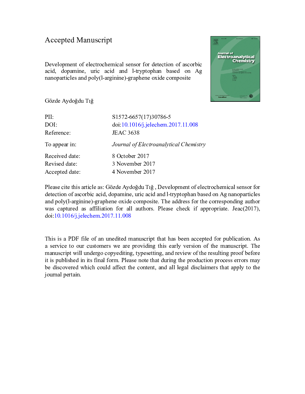 Development of electrochemical sensor for detection of ascorbic acid, dopamine, uric acid and l-tryptophan based on Ag nanoparticles and poly(l-arginine)-graphene oxide composite