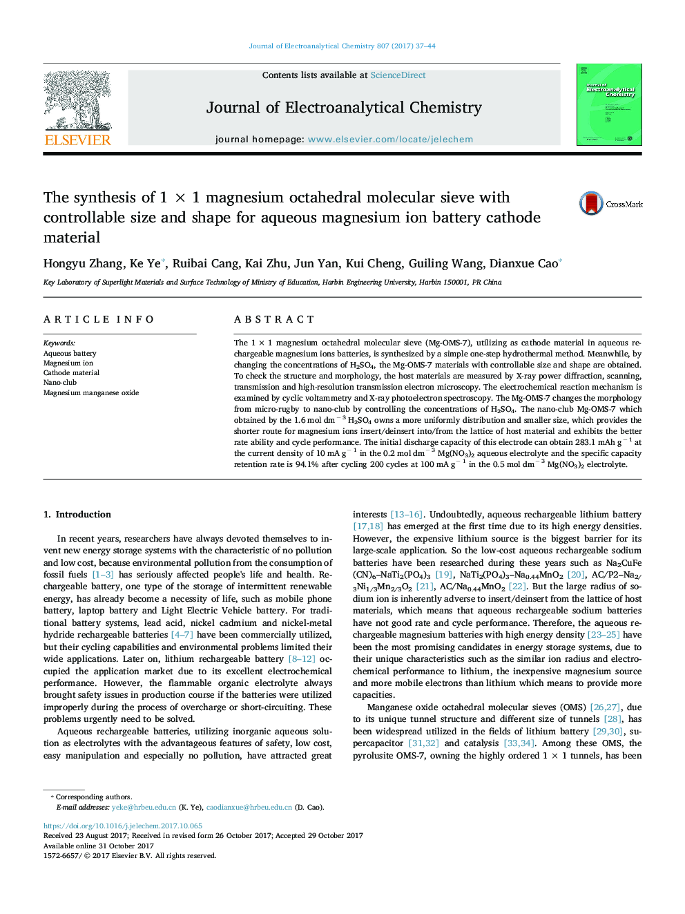 The synthesis of 1Â ÃÂ 1 magnesium octahedral molecular sieve with controllable size and shape for aqueous magnesium ion battery cathode material