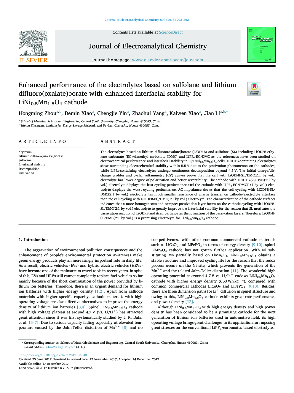 Enhanced performance of the electrolytes based on sulfolane and lithium difluoro(oxalate)borate with enhanced interfacial stability for LiNi0.5Mn1.5O4 cathode