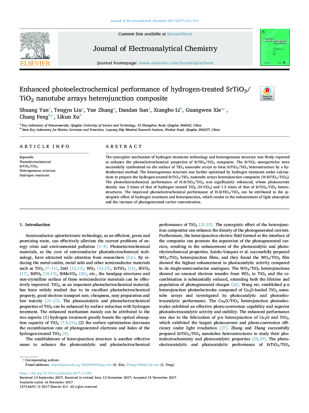 Enhanced photoelectrochemical performance of hydrogen-treated SrTiO3/TiO2 nanotube arrays heterojunction composite