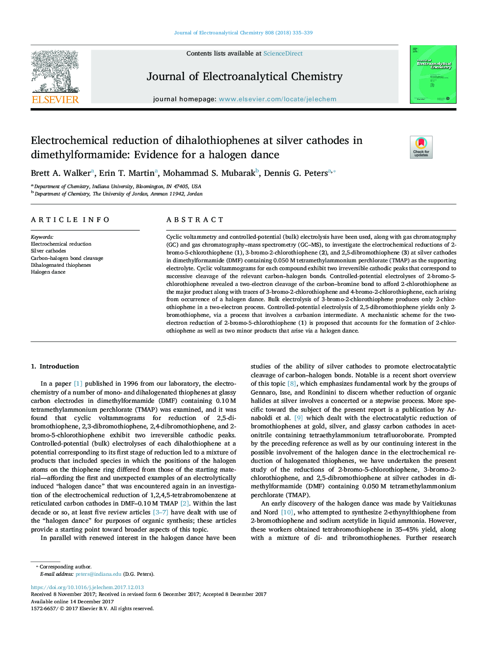 کاهش الکتروشیمیایی دیالووتیوفنها در کاتد نقره در دی متیل فرمالید: شواهدی برای رقص هالوژن 