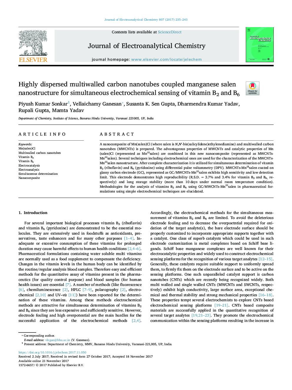 Highly dispersed multiwalled carbon nanotubes coupled manganese salen nanostructure for simultaneous electrochemical sensing of vitamin B2 and B6