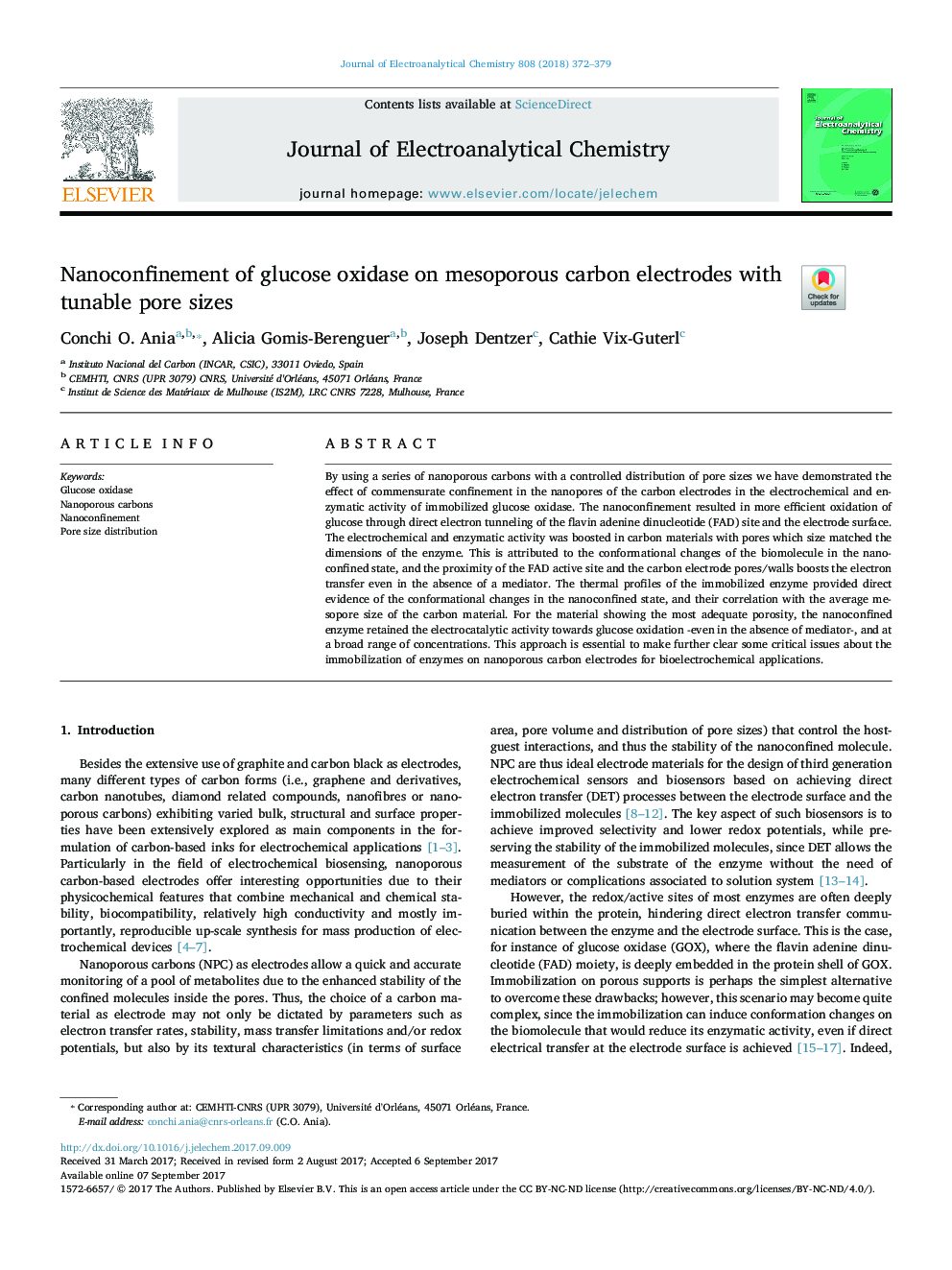 Nanoconfinement of glucose oxidase on mesoporous carbon electrodes with tunable pore sizes