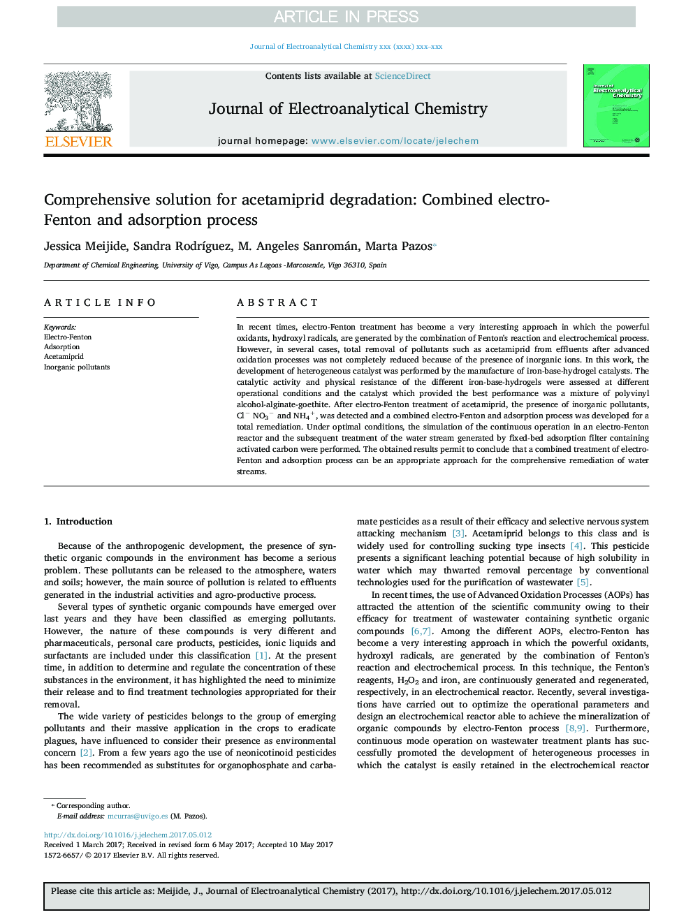 Comprehensive solution for acetamiprid degradation: Combined electro-Fenton and adsorption process