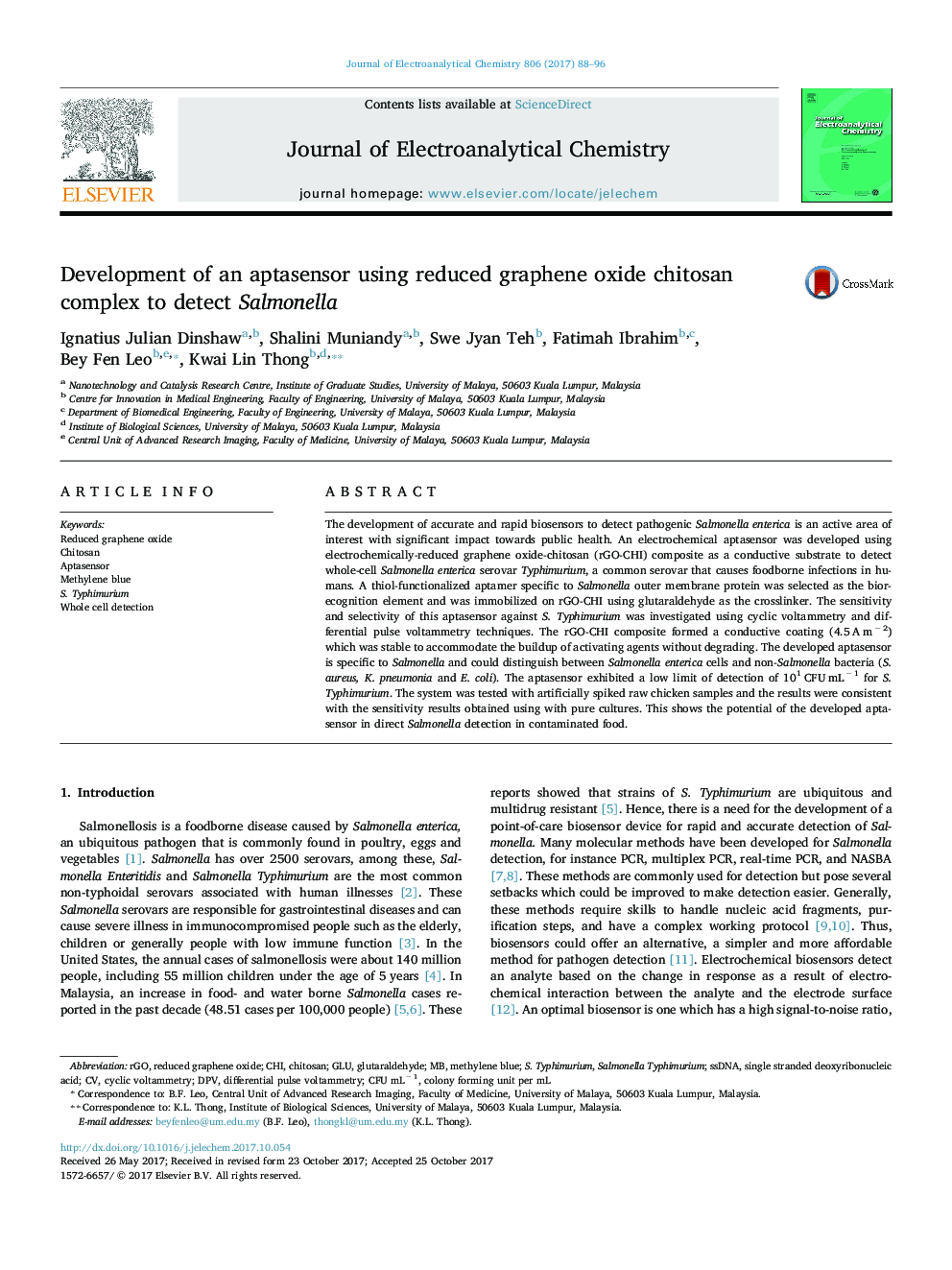 Development of an aptasensor using reduced graphene oxide chitosan complex to detect Salmonella