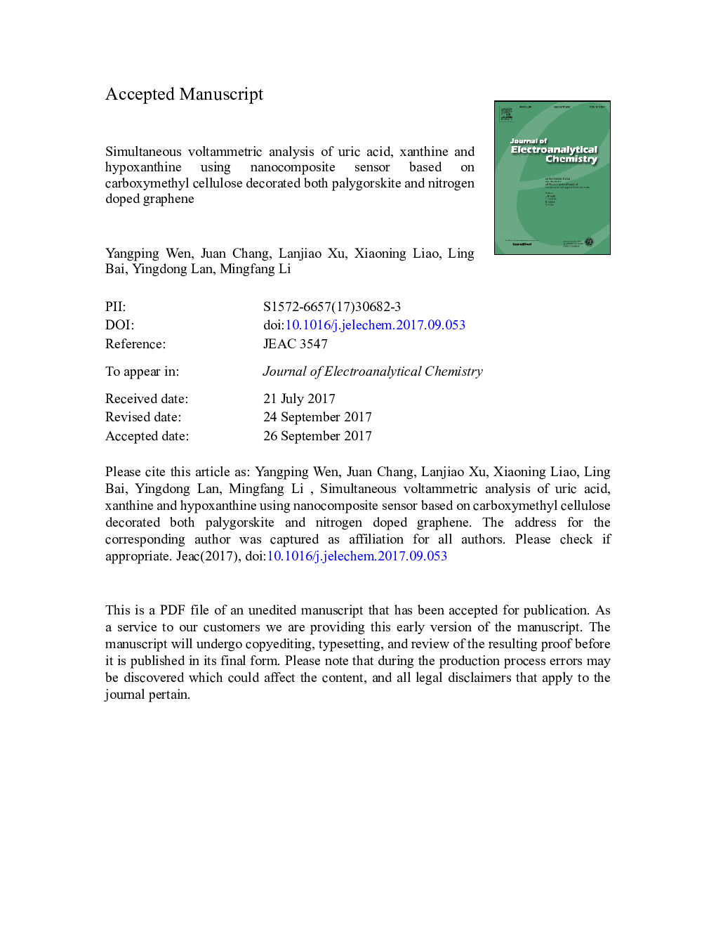 Simultaneous analysis of uric acid, xanthine and hypoxanthine using voltammetric sensor based on nanocomposite of palygorskite and nitrogen doped graphene