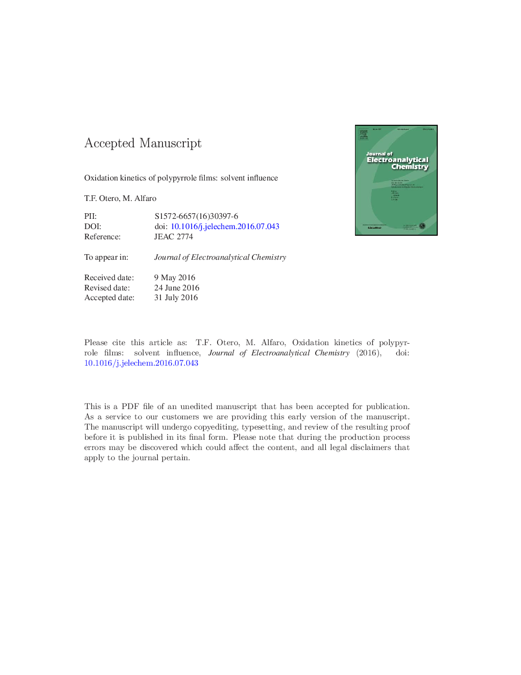 Oxidation kinetics of polypyrrole films: Solvent influence