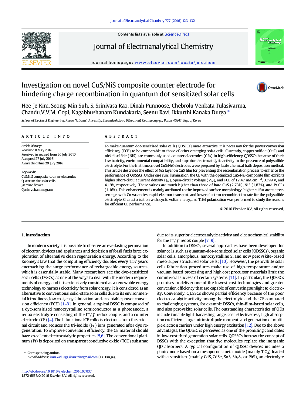 Investigation on novel CuS/NiS composite counter electrode for hindering charge recombination in quantum dot sensitized solar cells