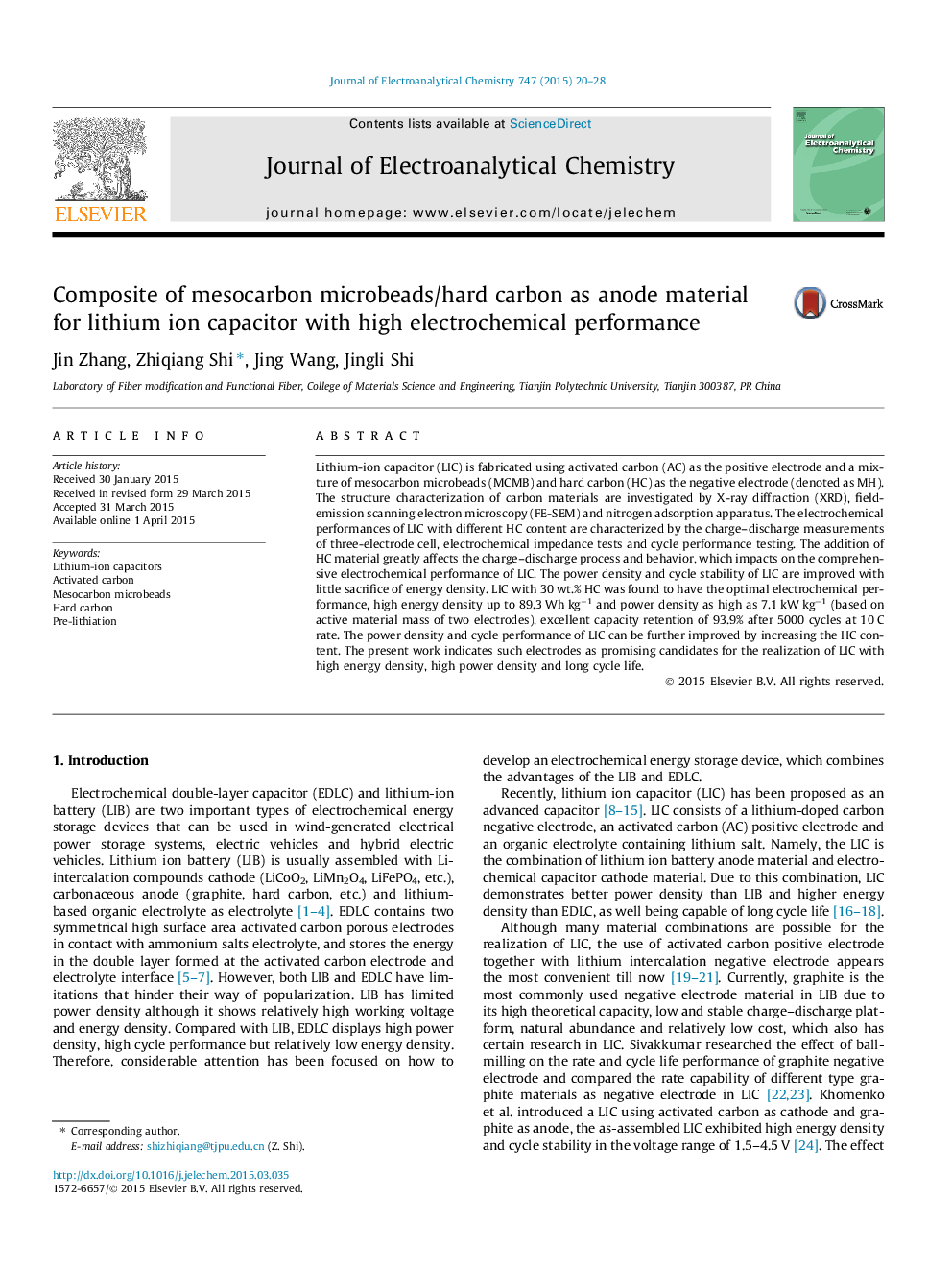 Composite of mesocarbon microbeads/hard carbon as anode material for lithium ion capacitor with high electrochemical performance