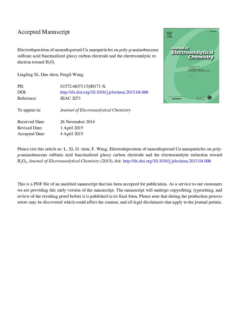 Electrodeposition of monodispersed Cu nanoparticles on poly-p-aminobenzene sulfonic acid functionalized glassy carbon electrode and the electrocatalytic reduction toward H2O2