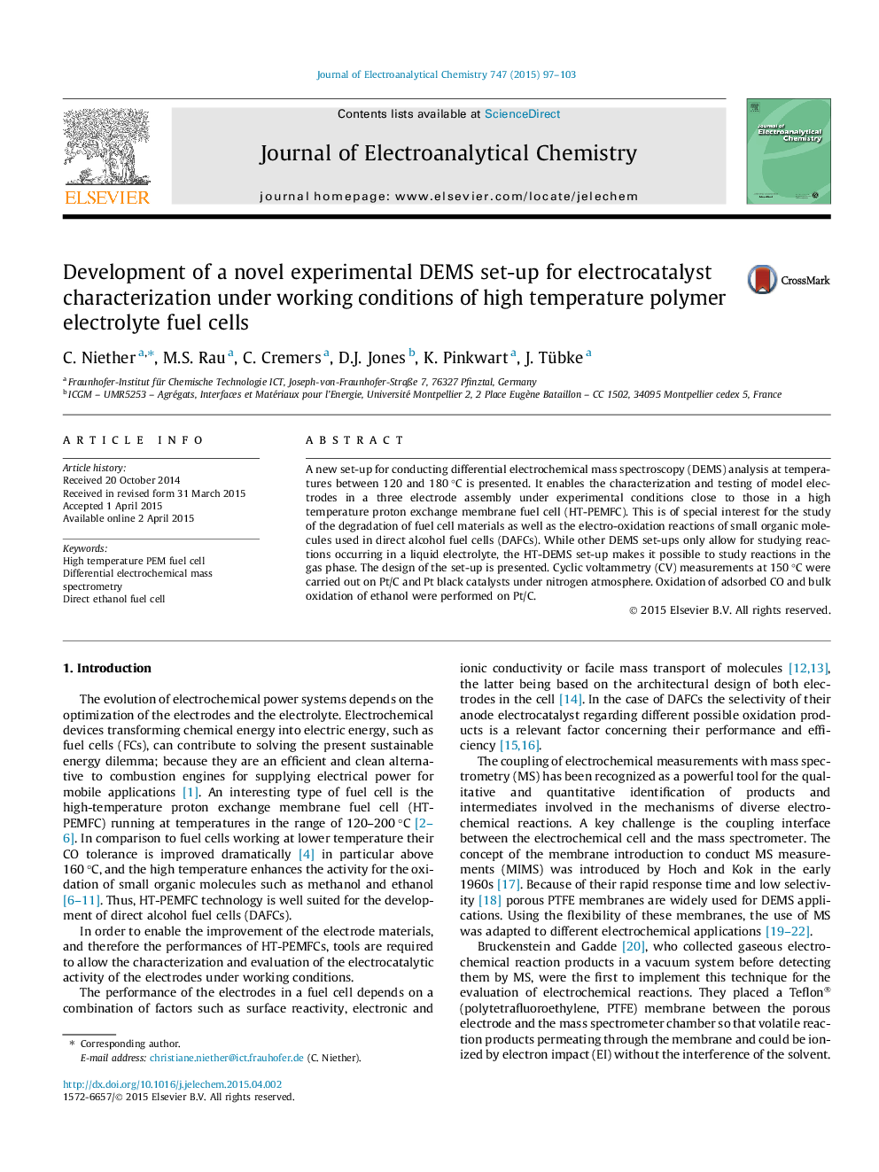 Development of a novel experimental DEMS set-up for electrocatalyst characterization under working conditions of high temperature polymer electrolyte fuel cells