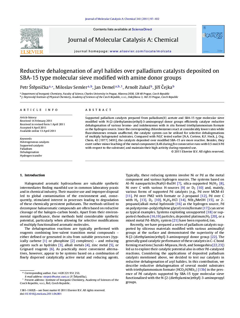 Reductive dehalogenation of aryl halides over palladium catalysts deposited on SBA-15 type molecular sieve modified with amine donor groups