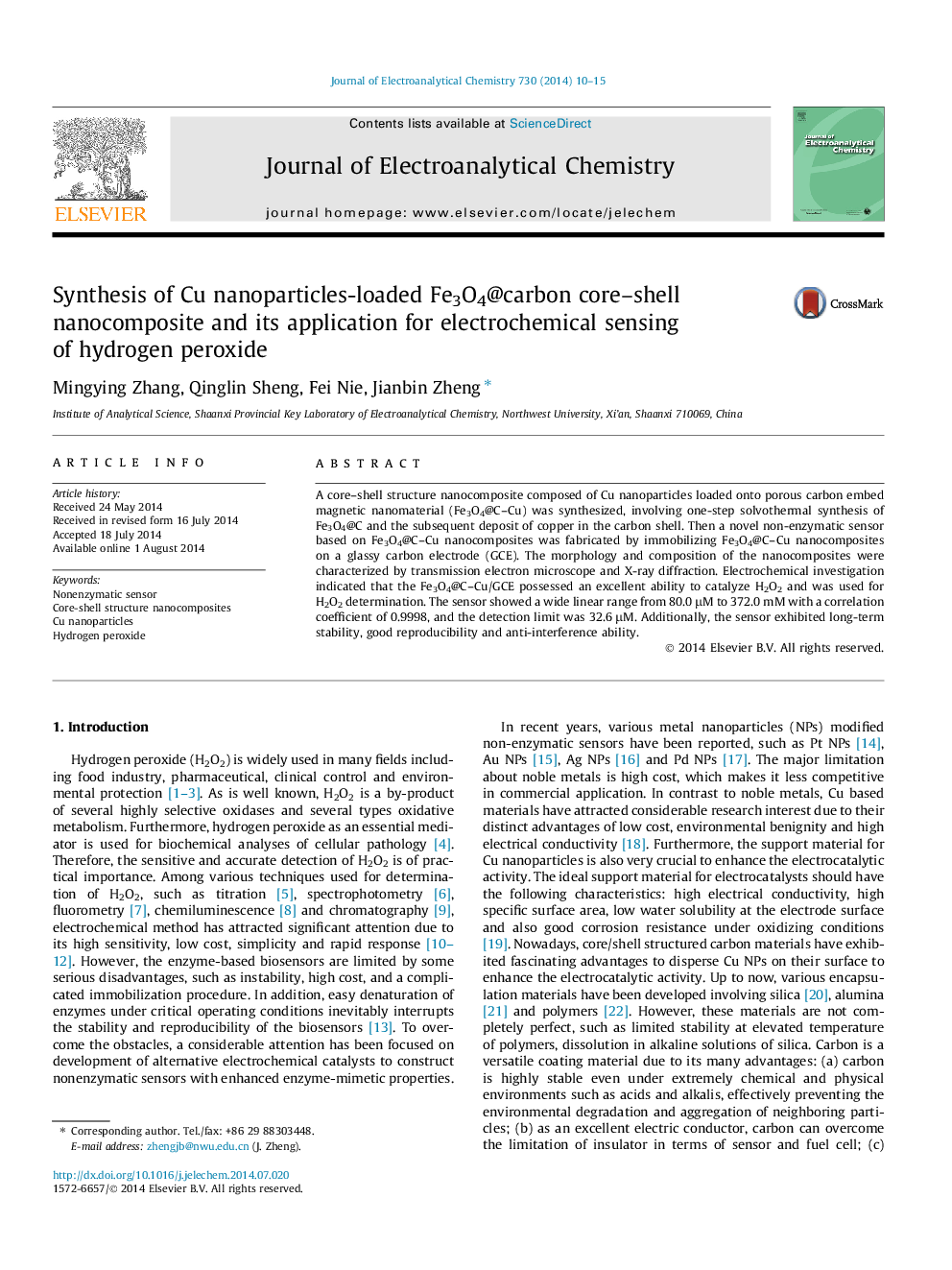 Synthesis of Cu nanoparticles-loaded Fe3O4@carbon core-shell nanocomposite and its application for electrochemical sensing of hydrogen peroxide