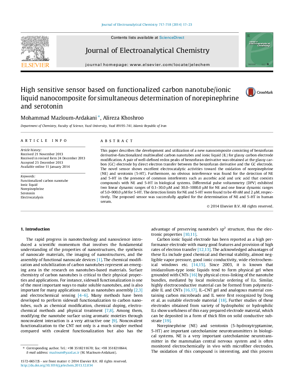 High sensitive sensor based on functionalized carbon nanotube/ionic liquid nanocomposite for simultaneous determination of norepinephrine and serotonin