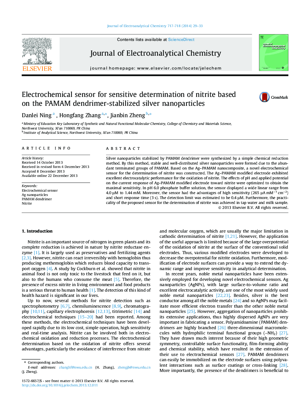 Electrochemical sensor for sensitive determination of nitrite based on the PAMAM dendrimer-stabilized silver nanoparticles