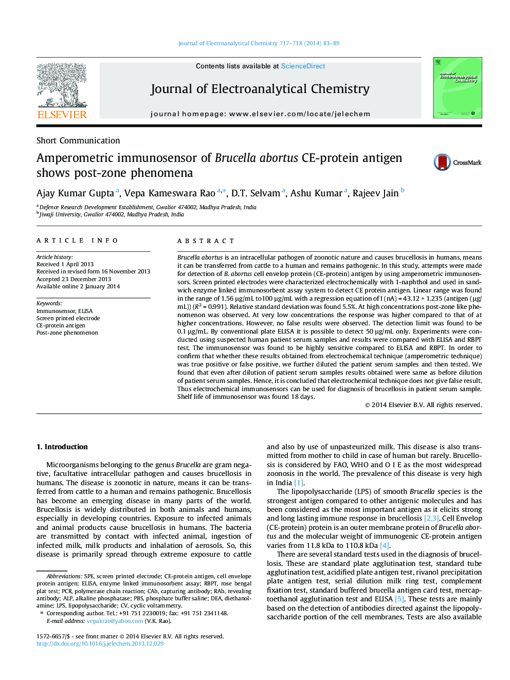 Amperometric immunosensor of Brucella abortus CE-protein antigen shows post-zone phenomena