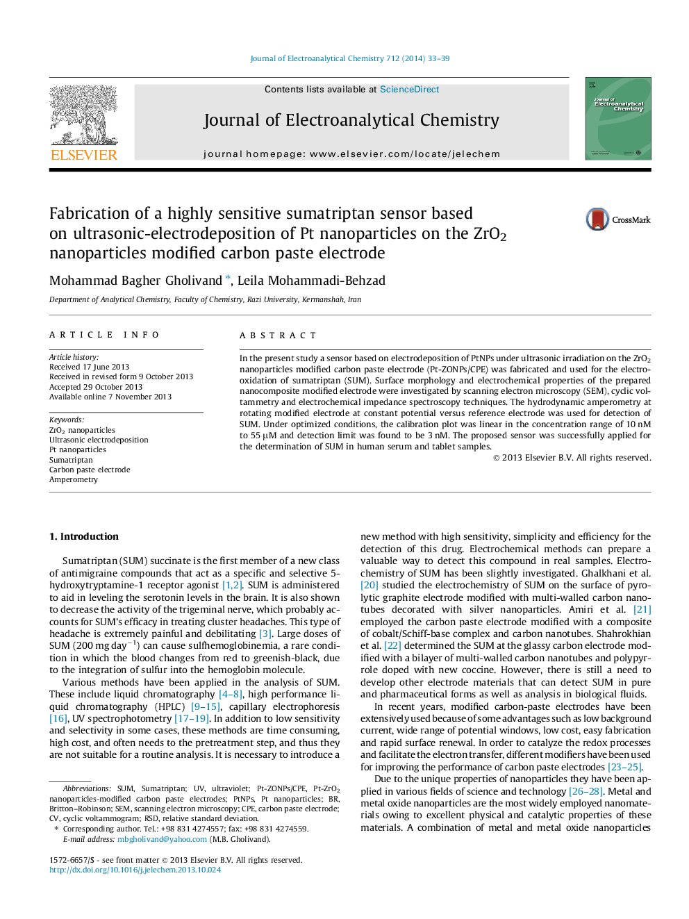 Fabrication of a highly sensitive sumatriptan sensor based on ultrasonic-electrodeposition of Pt nanoparticles on the ZrO2 nanoparticles modified carbon paste electrode