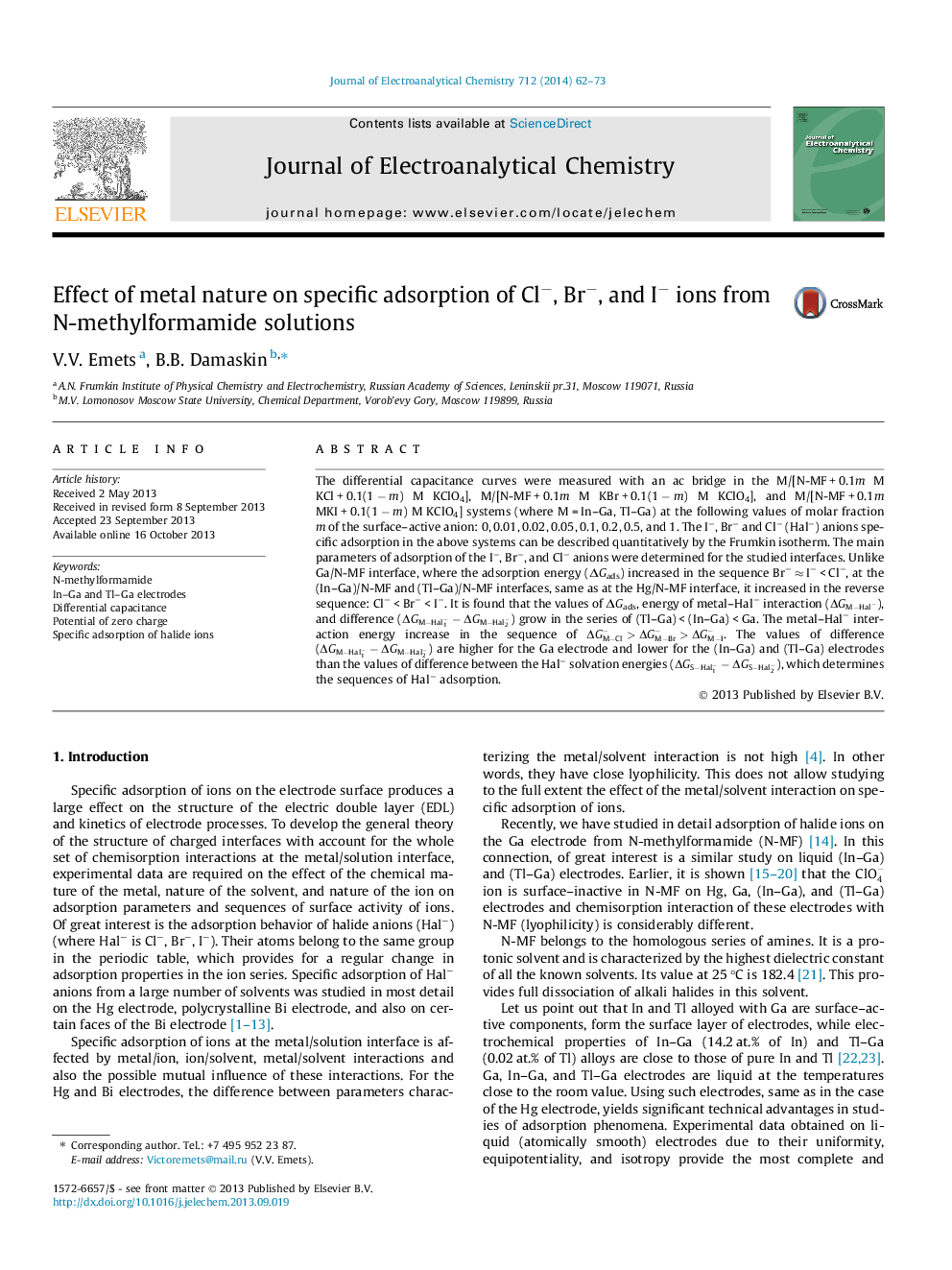 Effect of metal nature on specific adsorption of Clâ, Brâ, and Iâ ions from N-methylformamide solutions