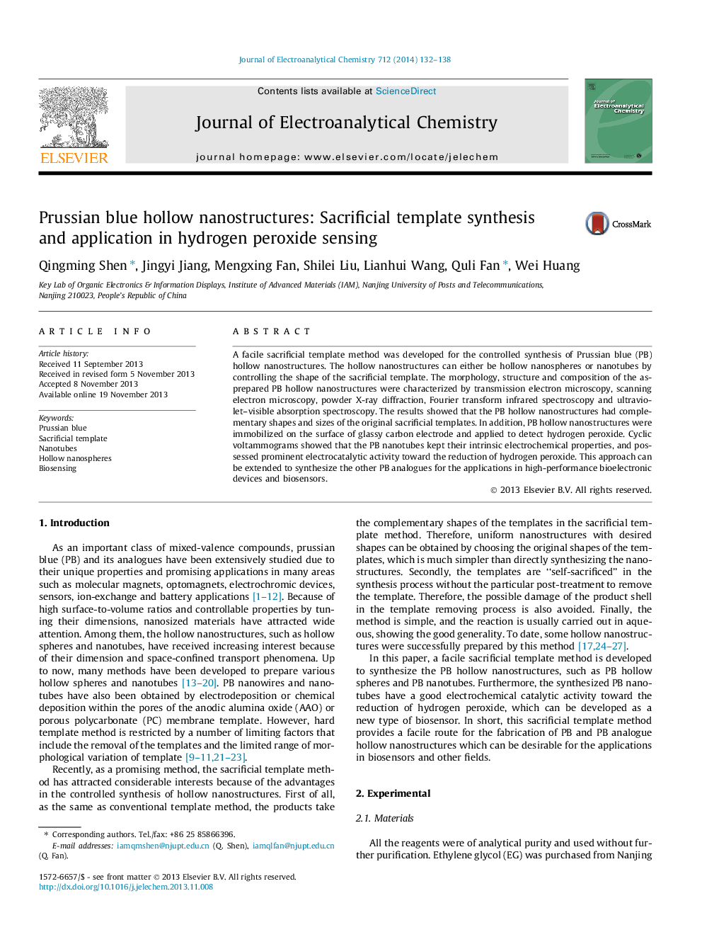 عکس صفحه اول مقاله: Prussian blue hollow nanostructures: Sacrificial template synthesis and application in hydrogen peroxide sensing Prussian blue hollow nanostructures: Sacrificial template synthesis and application in hydrogen peroxide sensing