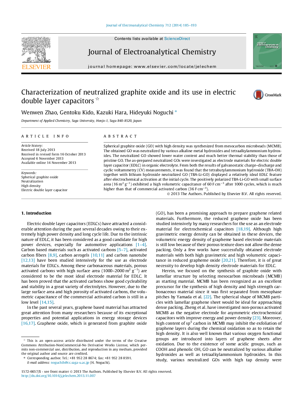 Characterization of neutralized graphite oxide and its use in electric double layer capacitors