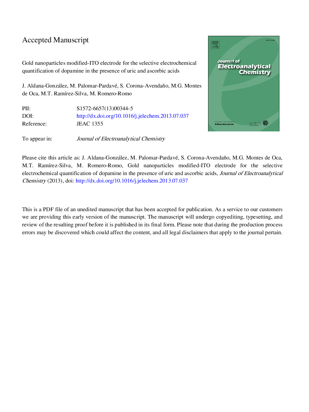 Gold nanoparticles modified-ITO electrode for the selective electrochemical quantification of dopamine in the presence of uric and ascorbic acids