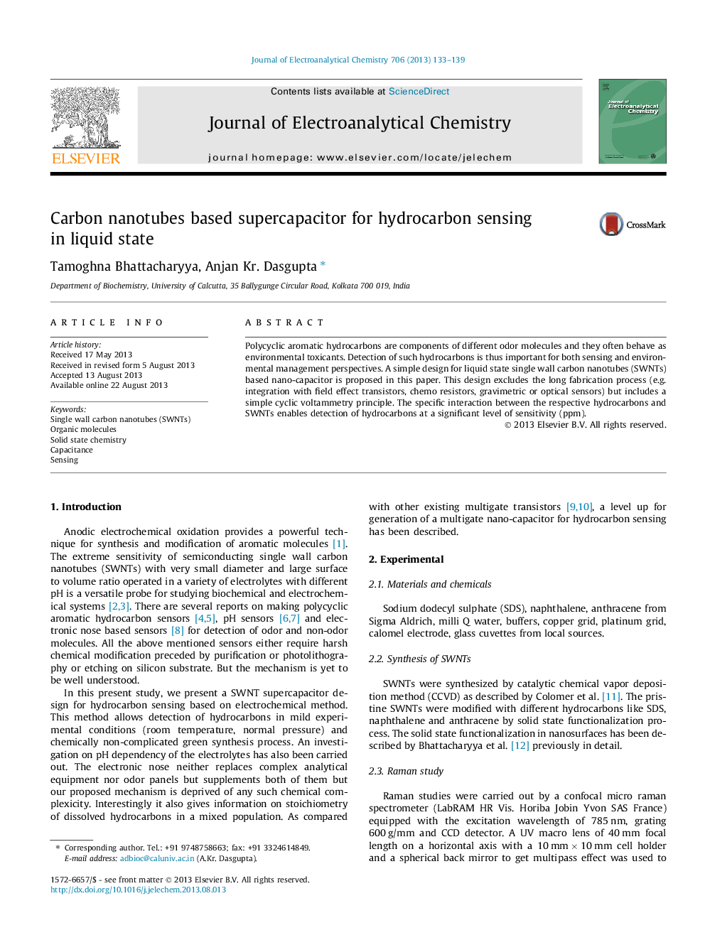 Carbon nanotubes based supercapacitor for hydrocarbon sensing in liquid state