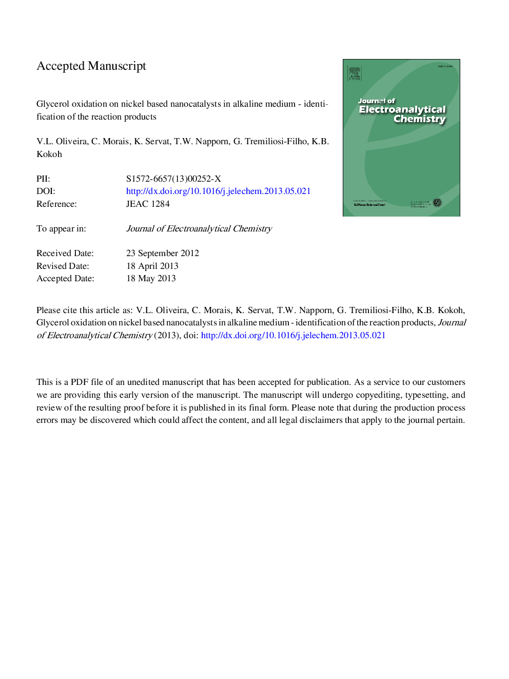 اکسیداسیون گلیسرول بر روی نانوکاتالیزورهای مبتنی بر نیکل در محدوده قلیایی - شناسایی محصولات واکنش 