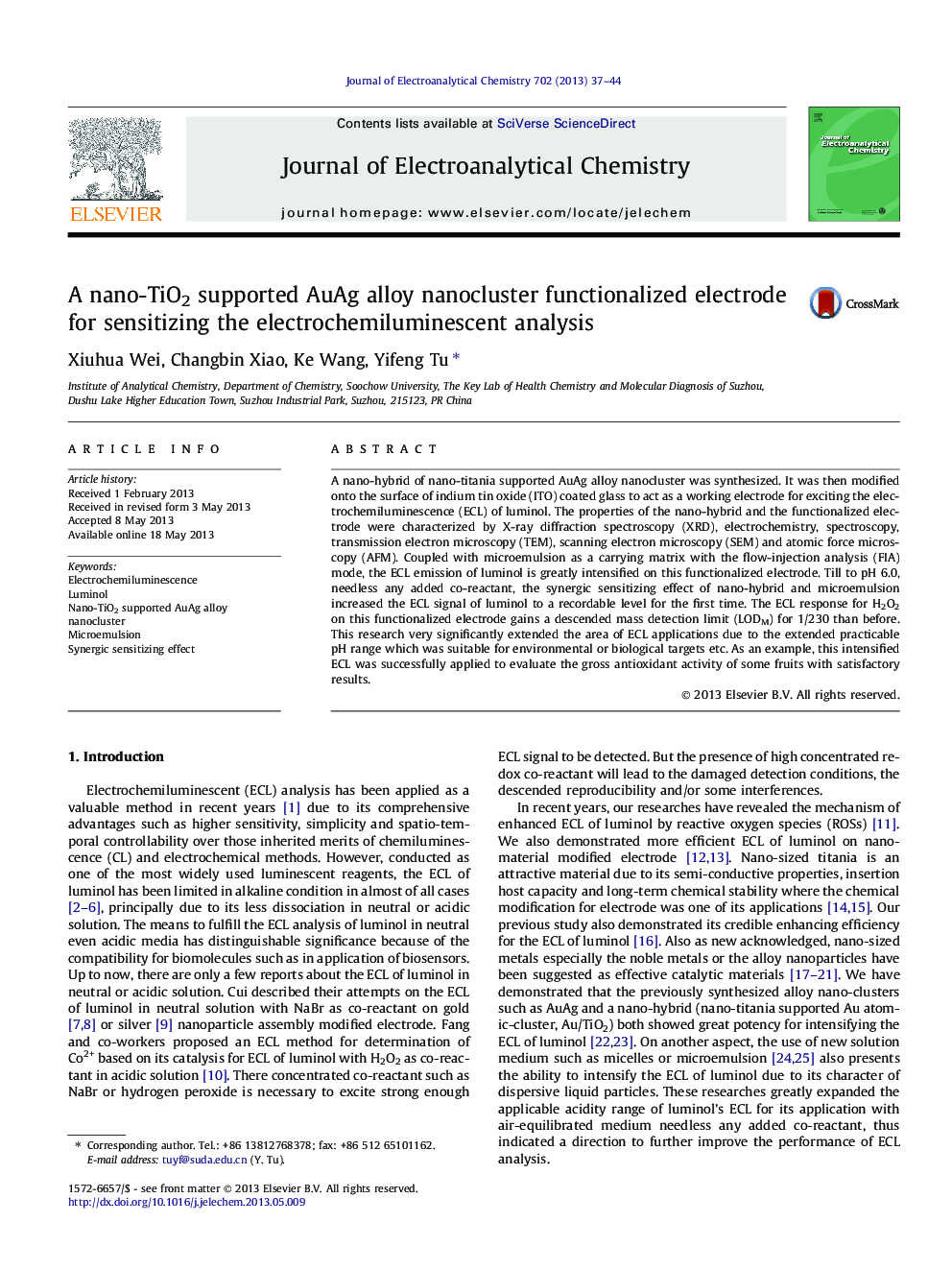 A nano-TiO2 supported AuAg alloy nanocluster functionalized electrode for sensitizing the electrochemiluminescent analysis