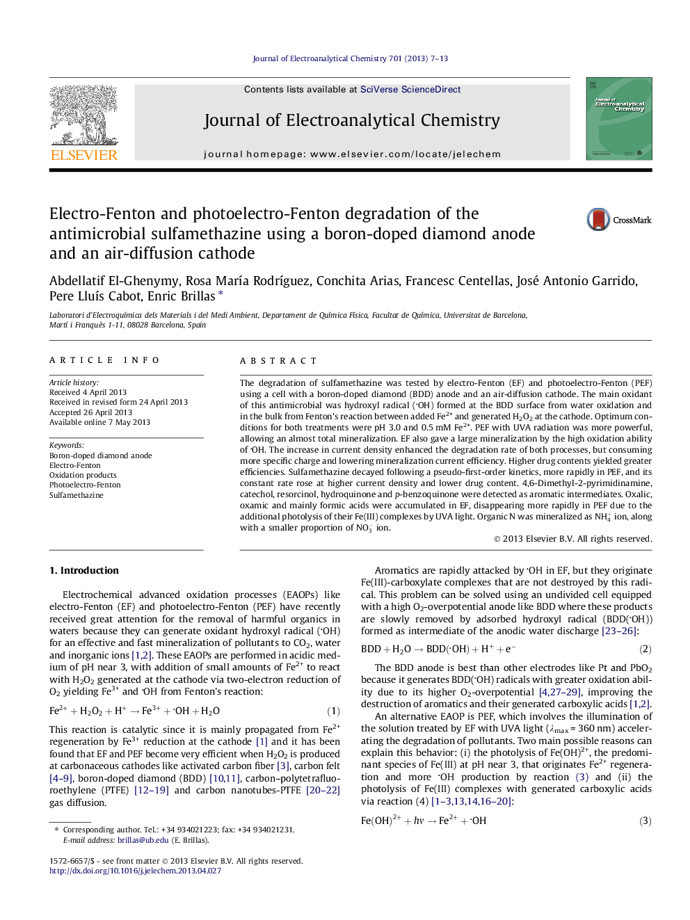 Electro-Fenton and photoelectro-Fenton degradation of the antimicrobial sulfamethazine using a boron-doped diamond anode and an air-diffusion cathode