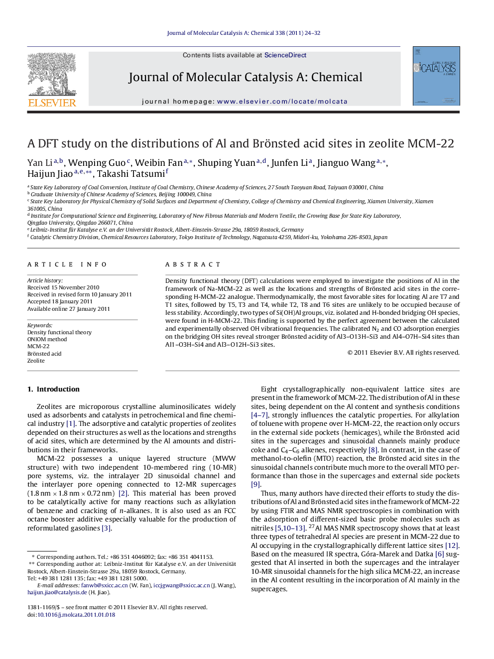 A DFT study on the distributions of Al and Brönsted acid sites in zeolite MCM-22