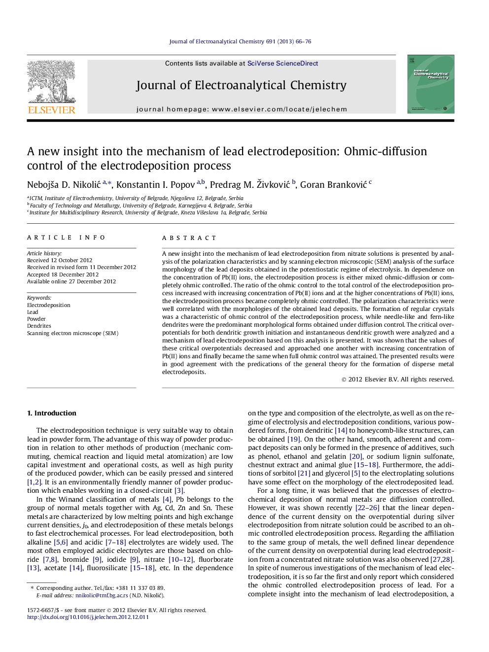 A new insight into the mechanism of lead electrodeposition: Ohmic-diffusion control of the electrodeposition process