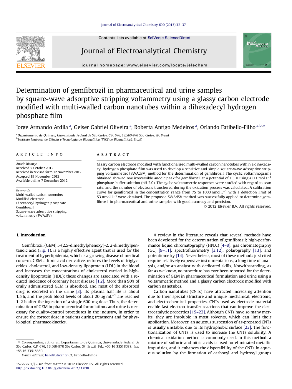 Determination of gemfibrozil in pharmaceutical and urine samples by square-wave adsorptive stripping voltammetry using a glassy carbon electrode modified with multi-walled carbon nanotubes within a dihexadecyl hydrogen phosphate film