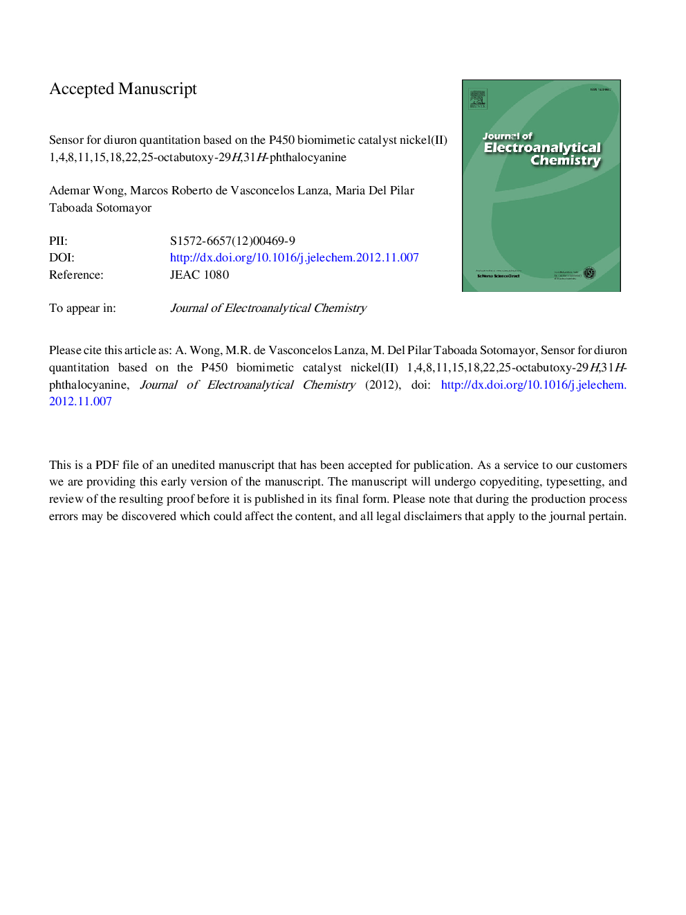 Sensor for diuron quantitation based on the P450 biomimetic catalyst nickel(II) 1,4,8,11,15,18,22,25-octabutoxy-29H,31H-phthalocyanine