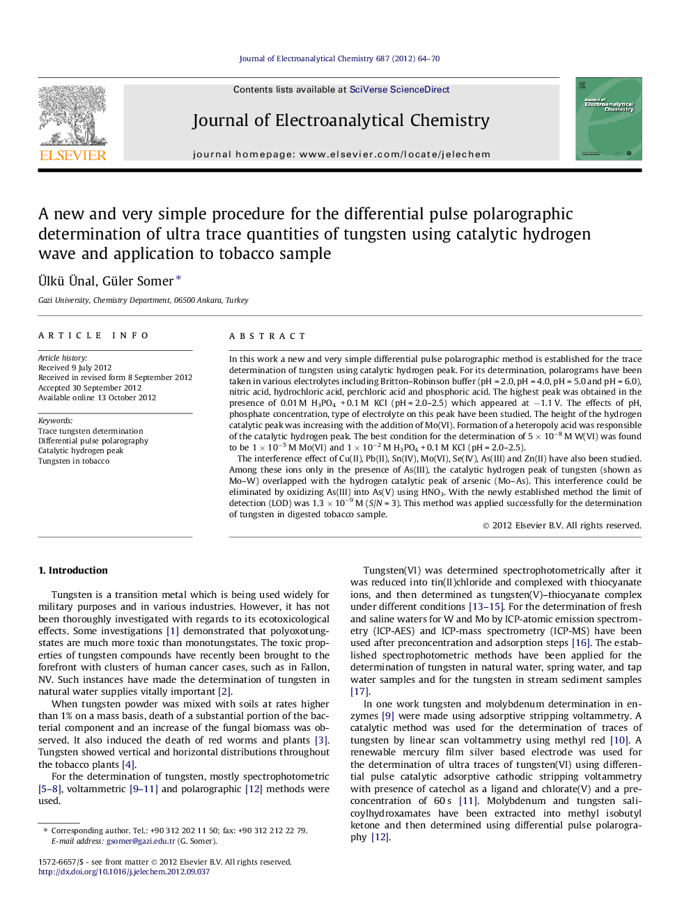 A new and very simple procedure for the differential pulse polarographic determination of ultra trace quantities of tungsten using catalytic hydrogen wave and application to tobacco sample