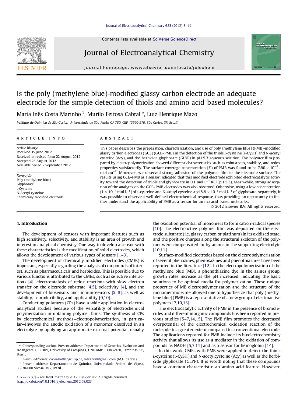 Is the poly (methylene blue)-modified glassy carbon electrode an adequate electrode for the simple detection of thiols and amino acid-based molecules?